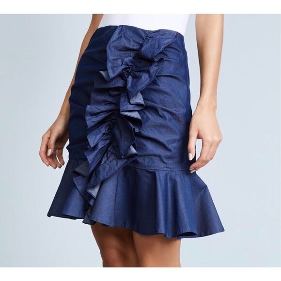 Caroline Costas Ruffled Chambray Denim Mini Skirt  Feminine Flirty Workwear M - Picture 1 of 11